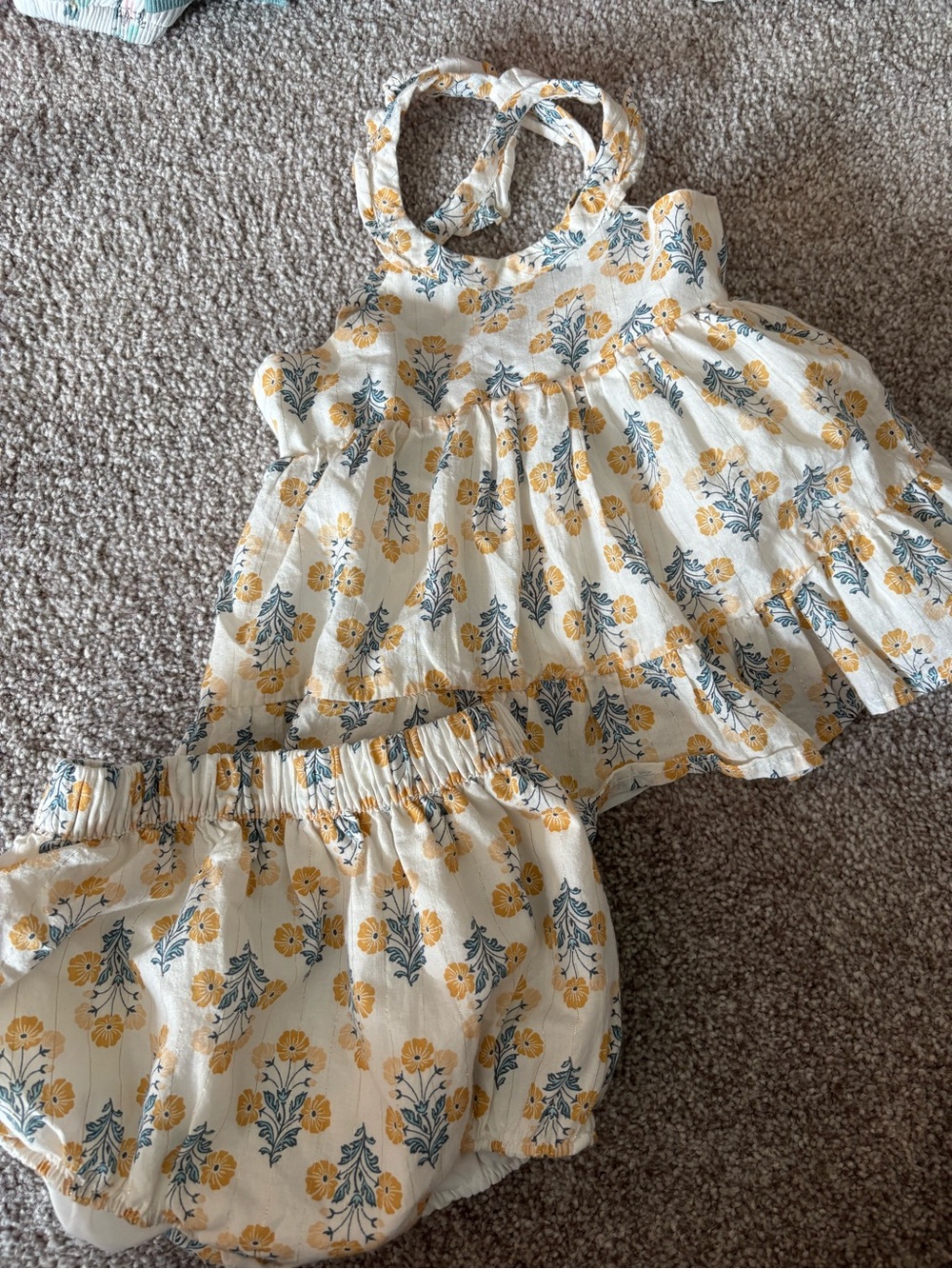 Rachel Zoe Cream Floral Halter Top and Bloomers Set with Yellow and Blue Print